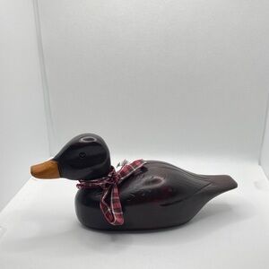 Vintage Canadian Decorative Wooden Duck with Plaid Ribbon Hand Carved
